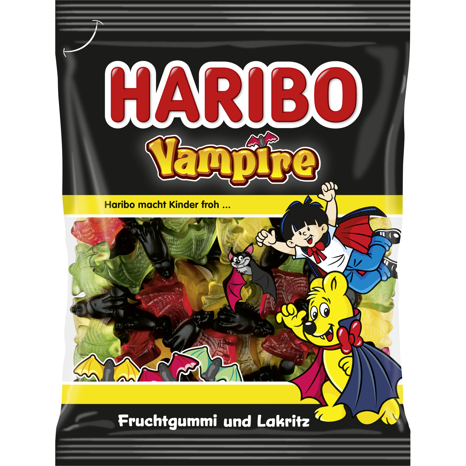 Haribo Vampire confectionery snacks featuring colorful vampire-shaped gummy candies in bright packaging.