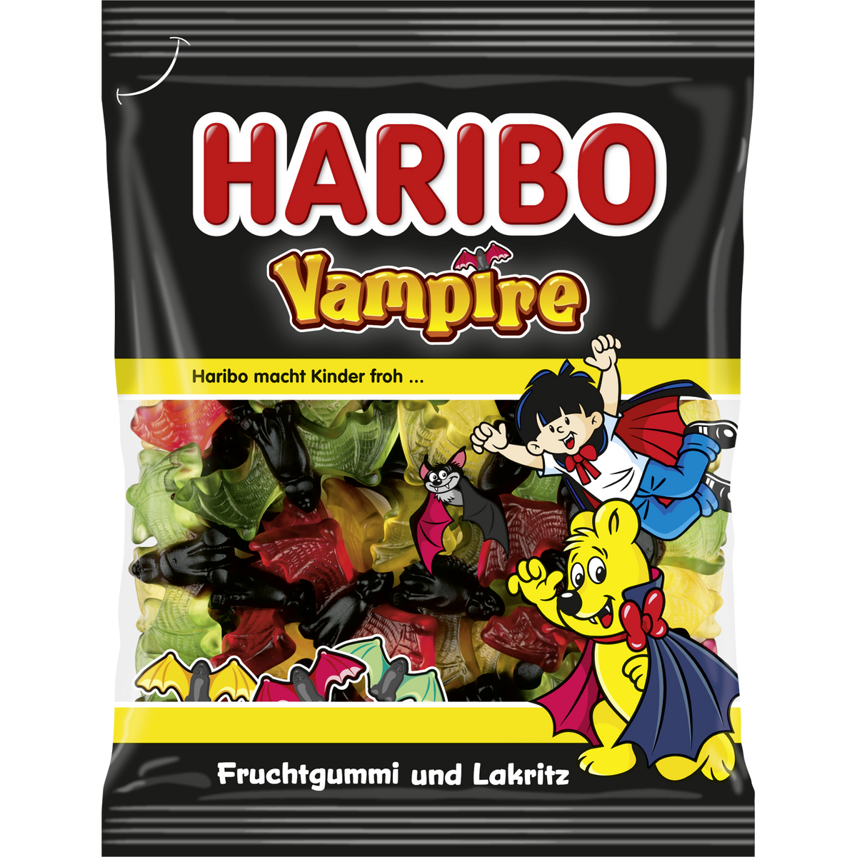 Haribo Vampire confectionery snacks featuring colorful vampire-shaped gummy candies in bright packaging.