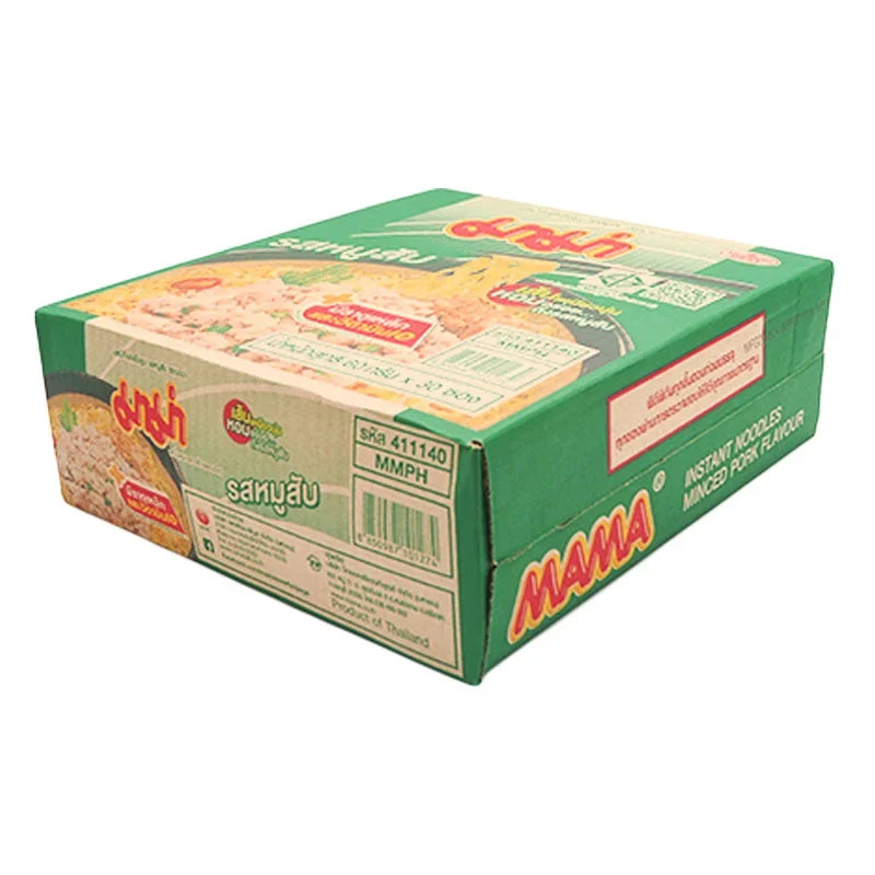 Packet of MAMA Mama Instant Noodles Minced Pork flavor, 60g x30 packs, dry grocery product with cooked noodles and minced pork pieces.