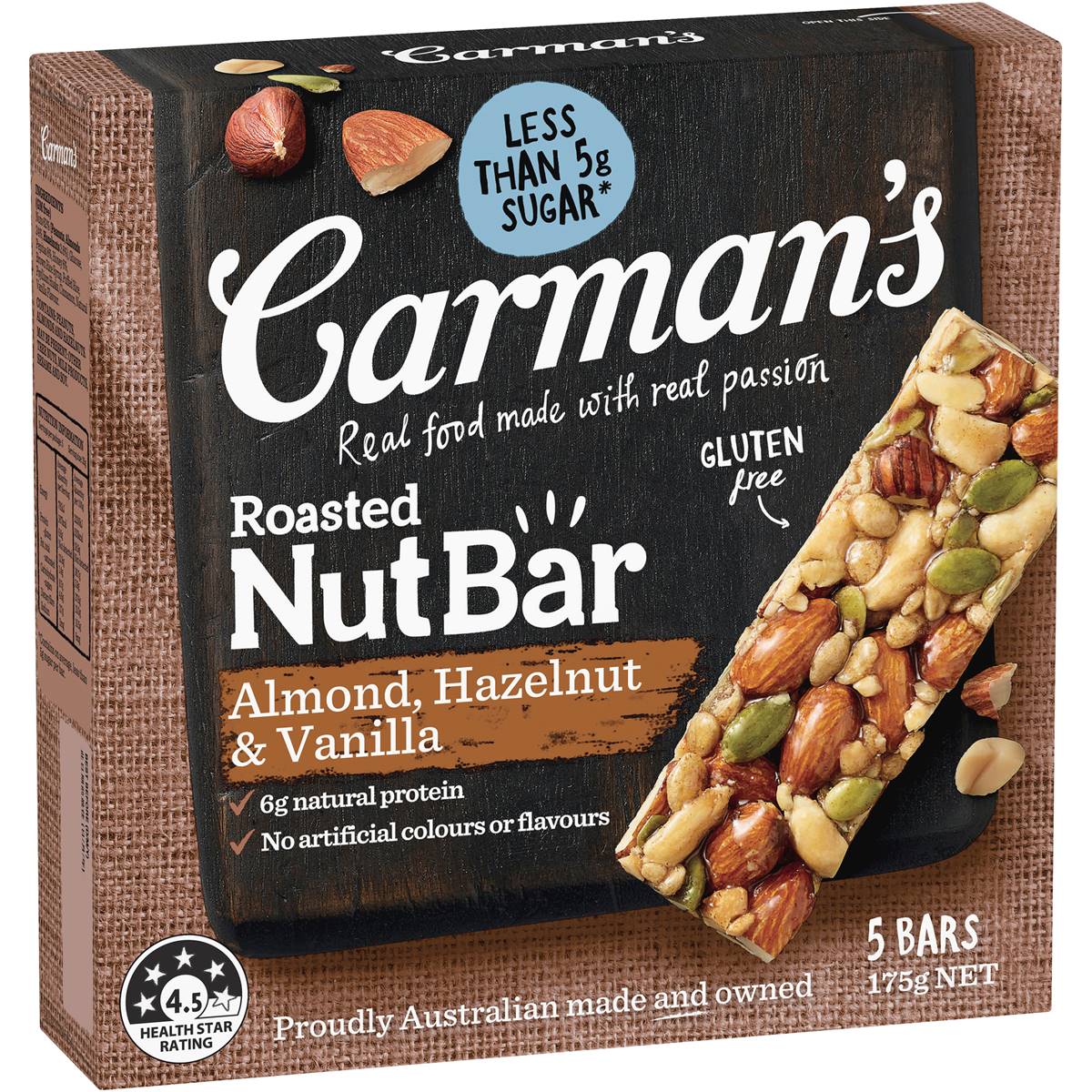Carman's Almond Hazelnut and Vanilla Nut Bars displayed on a white background, showing the nut-filled, healthy snack bars.