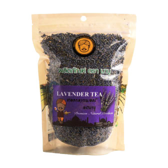 Organic Baboo Lavender Tea in a clear glass cup, showcasing its light purple color and fresh lavender leaves.