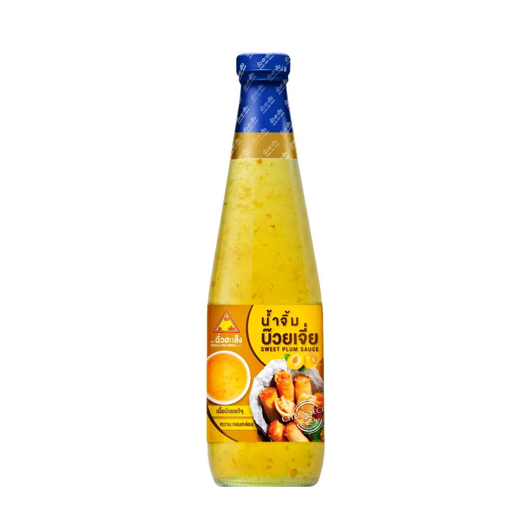 Chua HAH Seng Sweet & Sour Plum Sauce 730g jar, showcasing the vibrant label and thick sauce inside a clear glass container.