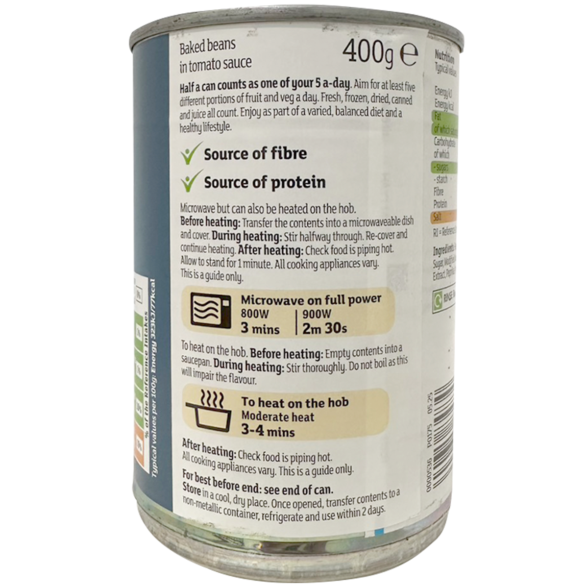 Cans of Sainsbury's Baked Beans in Tomato Sauce on a grocery store shelf with labels visible