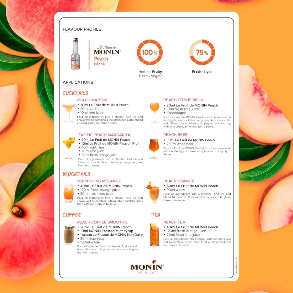 Monin Peach Fruit Mix 1000ml bottle, dry grocery product with a label featuring peaches and branding.