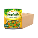 Canned Bonduelle Green Peas and Baby Carrots in 400g, showing the colorful vegetables inside the can.