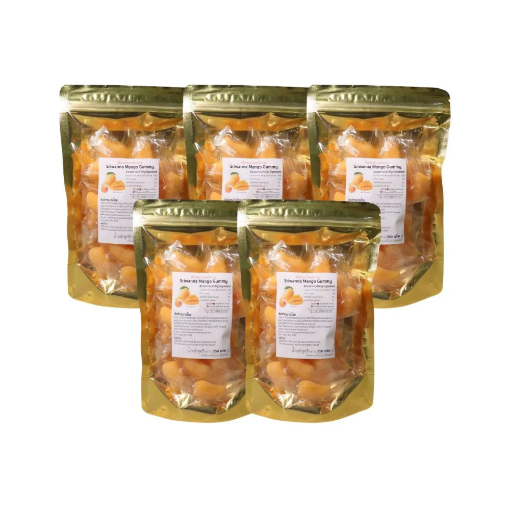 Sriwanna Mango Jelly 250g, dry grocery product, featuring bright yellow mango jelly pieces in a clear container.