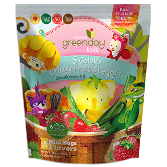 Greenday Crispy Fruit & Veg confectionery snacks in five colorful fruit and vegetable shapes, healthy and fun snack option