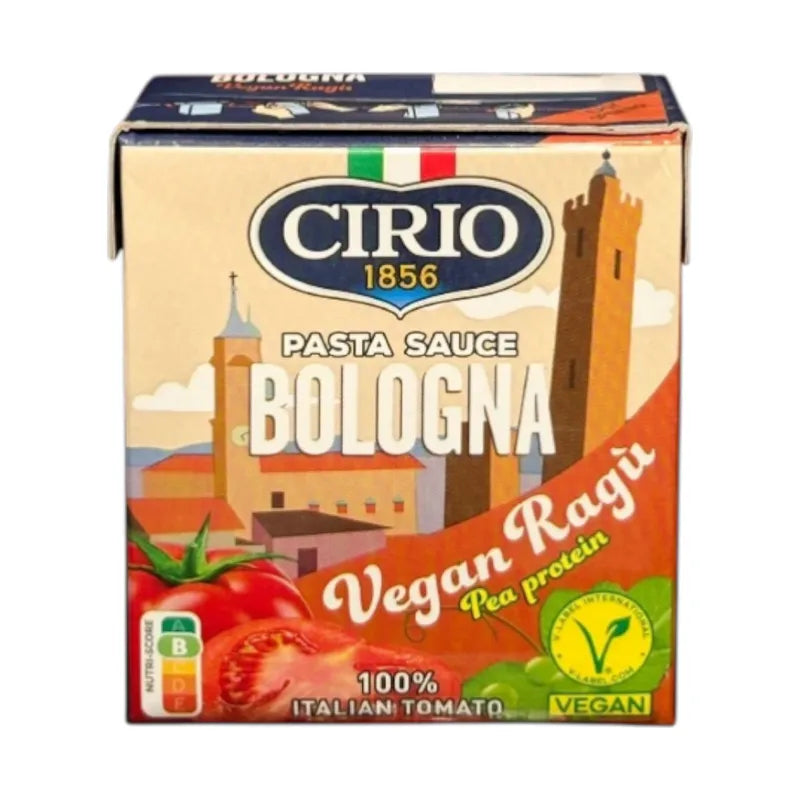 Jar of Cirio Pasta Sauce in a glass container with a label, ready for cooking or serving in a kitchen setting.