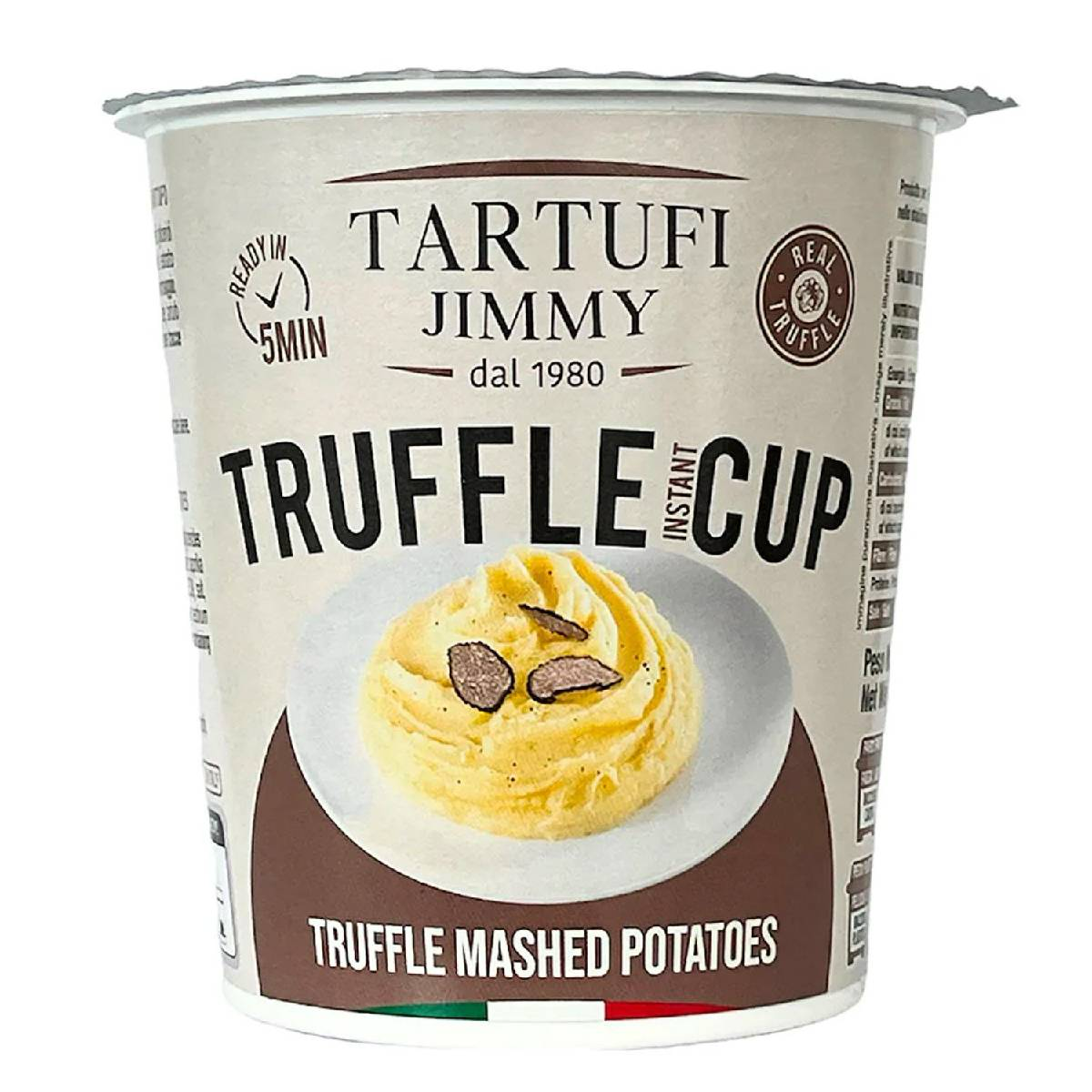 Creamy Tartufi Jimmy Truffle Mashed Potatoes in a bowl, showcasing the rich, truffle-infused potato dish from the Tartufi Jimmy grocery brand.