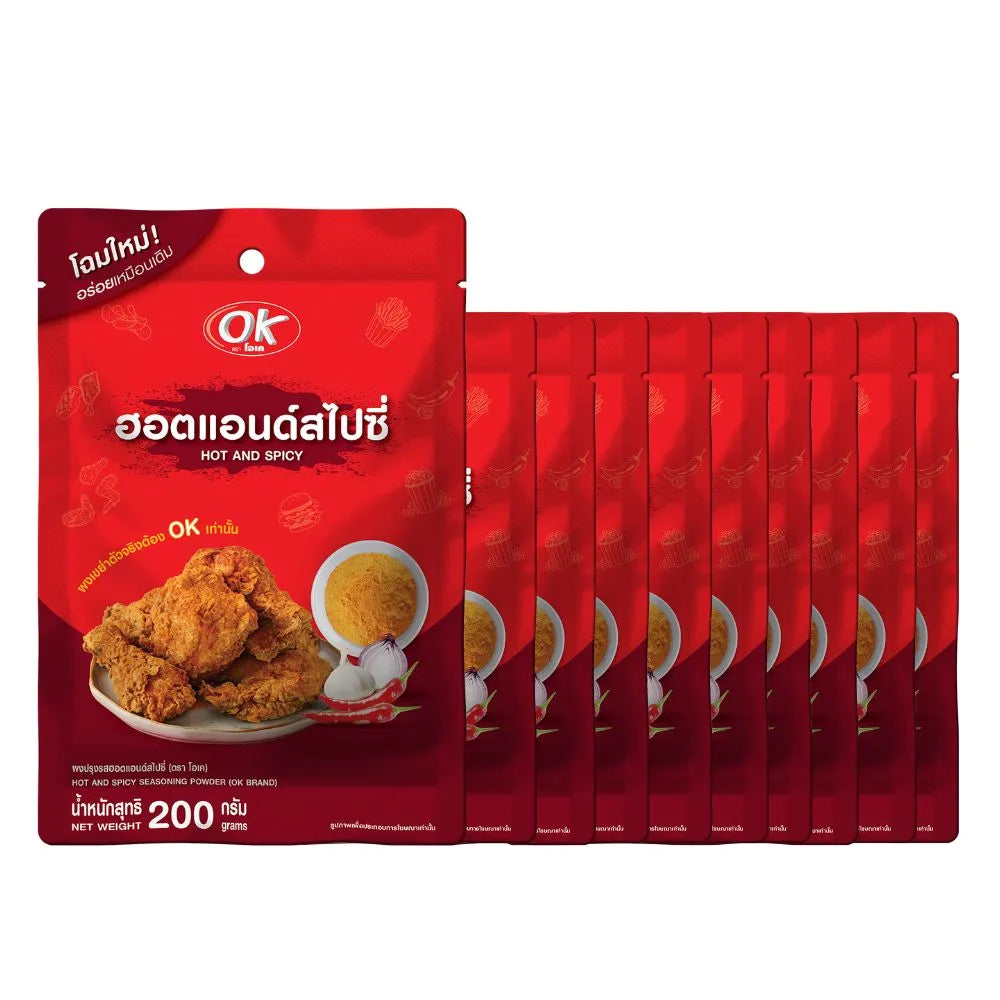 OK Shake Powder Hot and Spicy Flavor 200g, dry grocery product with bright packaging, ready for seasoning and adding heat to dishes.