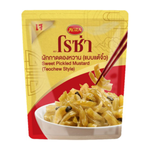 Roza Sweet Pickled Mustard in glass jar, Teochew style, featuring vibrant mustard greens and pickled mustard seeds.