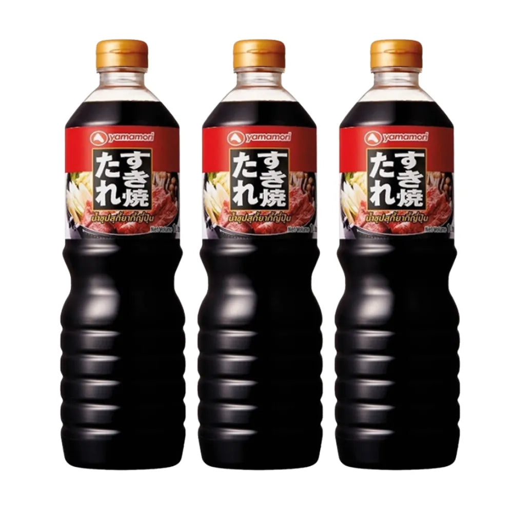 Yamamori Sukiyaki Soup 1L bottle, dry grocery product, showing the label and packaging for authentic Japanese sukiyaki flavor.
