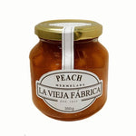 Canned peach mermelada by LA VIEJA FA'BRICA in a 350g jar, showing the jar with peach jam inside.