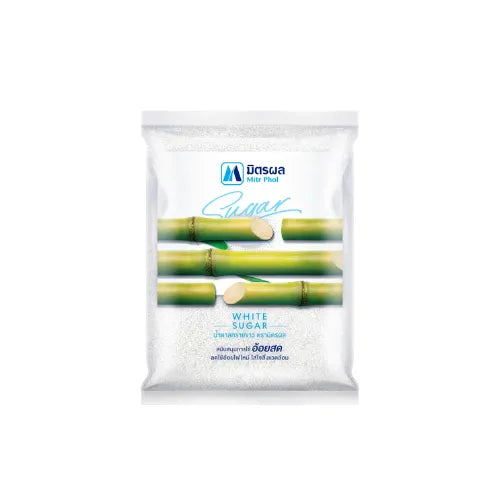Mitrphol White Sugar 280g pack, six units, in a clear plastic bag, showing white granulated sugar for baking and cooking.