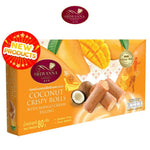 Sriwanna Coconut Crispy Rolls with Mango Cream Filling, 80g, showing golden coconut-filled snacks in packaging.