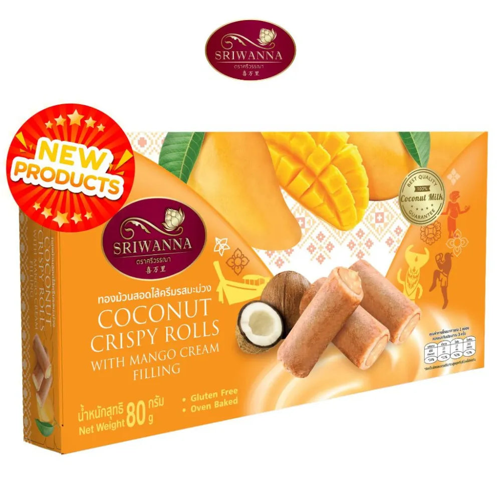 Sriwanna Coconut Crispy Rolls with Mango Cream Filling, 80g, showing golden coconut-filled snacks in packaging.