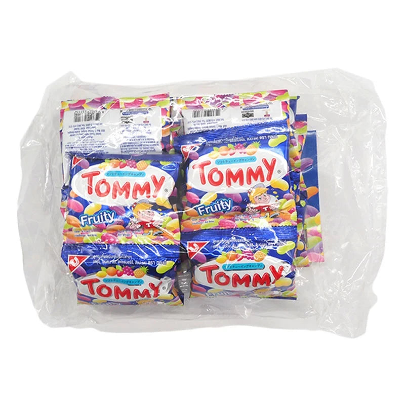 Assorted Tommy Jelly Bean candies in a clear container, showing colorful jelly beans in 15g packs, ideal for snacks and confectionery.