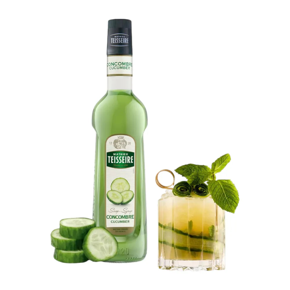 Mathieu Teisseire cucumber syrup bottle, 700ml, in a clear plastic container, showcasing the cucumber flavor and brand label.
