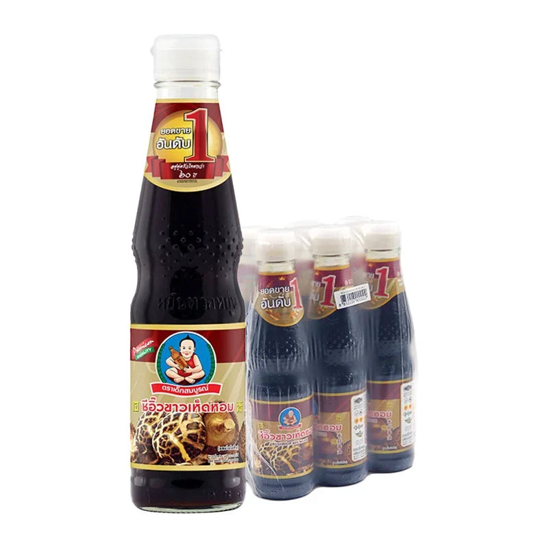 Six bottles of DEK SOM Boon Mushroom Sauce, 300ml each, in clear glass bottles with labels, displayed side by side.