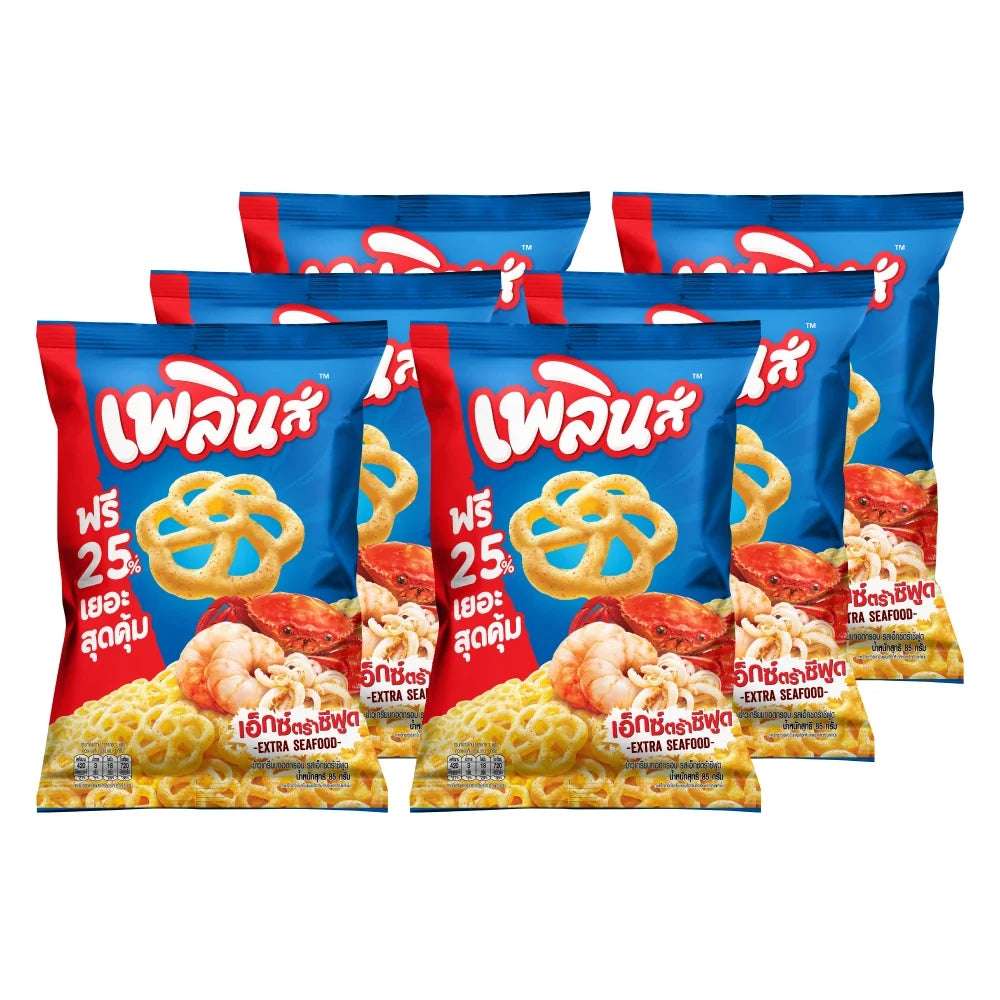 PLERN Plern Extra Seafood Flavor snack pack, three 85g bags of savory seafood confectionery, displayed in the image.