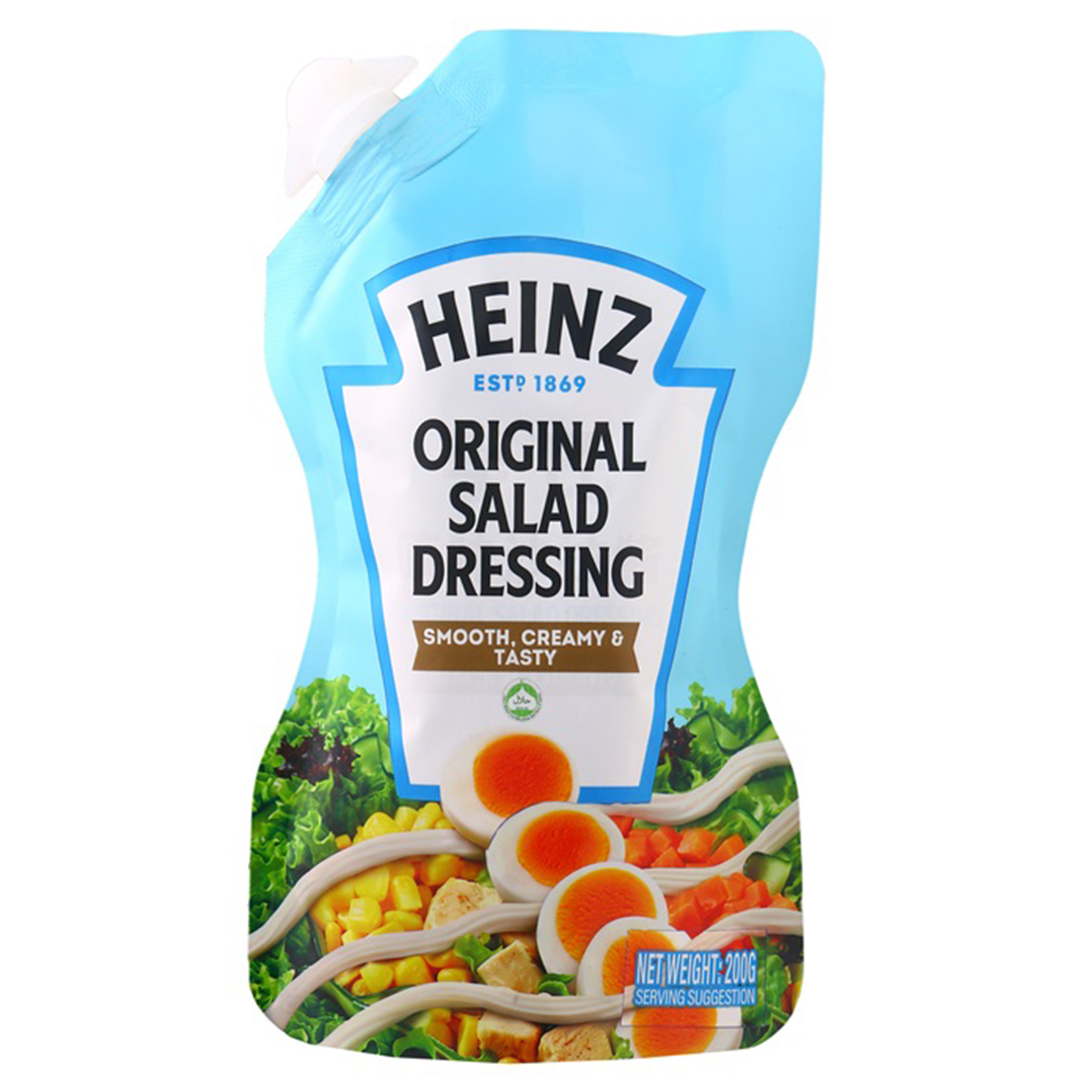 Heinz Original Salad Dressing in a doypack, shown in a grocery product image with bottles and fresh salad ingredients.
