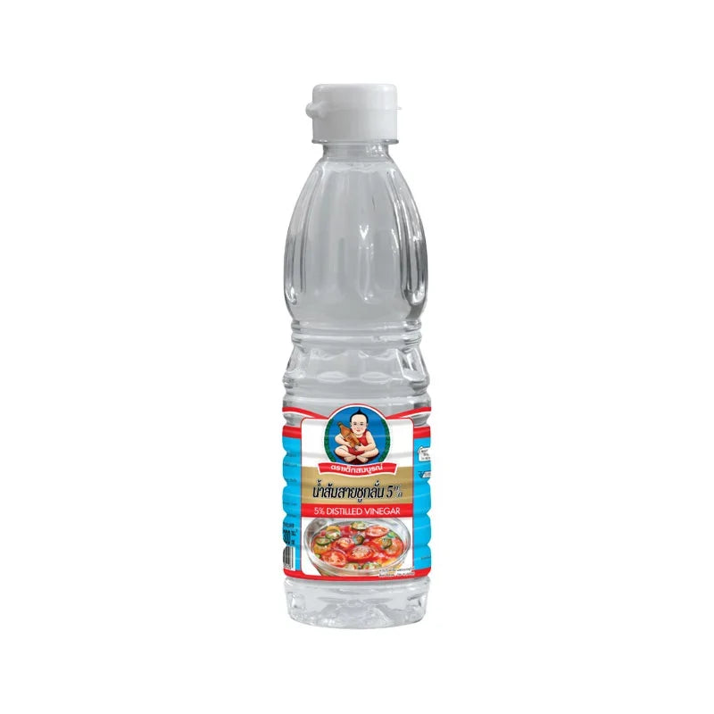 Deksomboon distilled vinegar 5% in a 300ml glass bottle, used for cooking and salad dressings in dry grocery shopping.