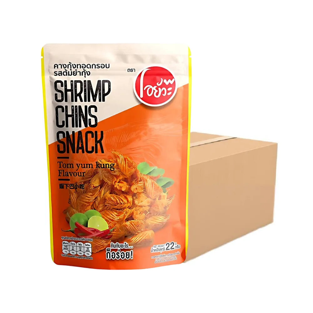 O-yua Crispy Fried Shrimp Chins snack in Tom Yum flavor, showing golden, crunchy shrimp chips in a 22g pack.