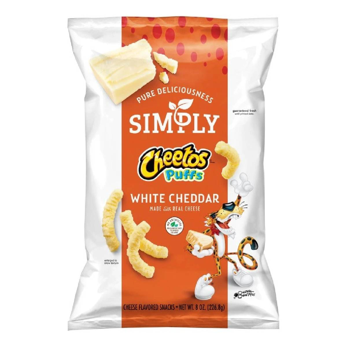 Cheetos White Cheddar confectionery snacks in a bright orange bag, showing crunchy cheese-flavored puffed snacks.