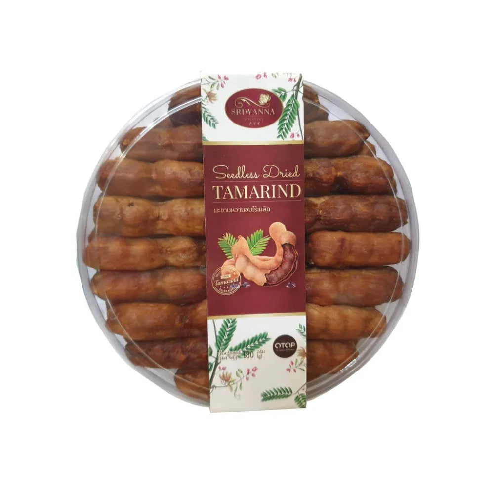Sriwanna seedless dried sweet tamarind 140g in a clear package, showcasing the dark, textured tamarind pieces from the dry grocery collection.