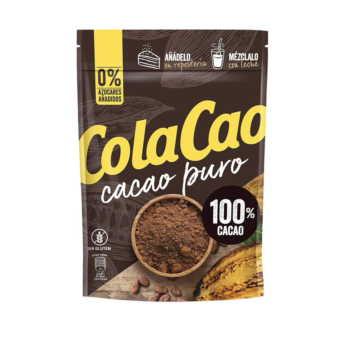 Colacao Cacao Pure 100% drink mix in a package, showcasing the chocolate powder for making hot or cold chocolate beverages.