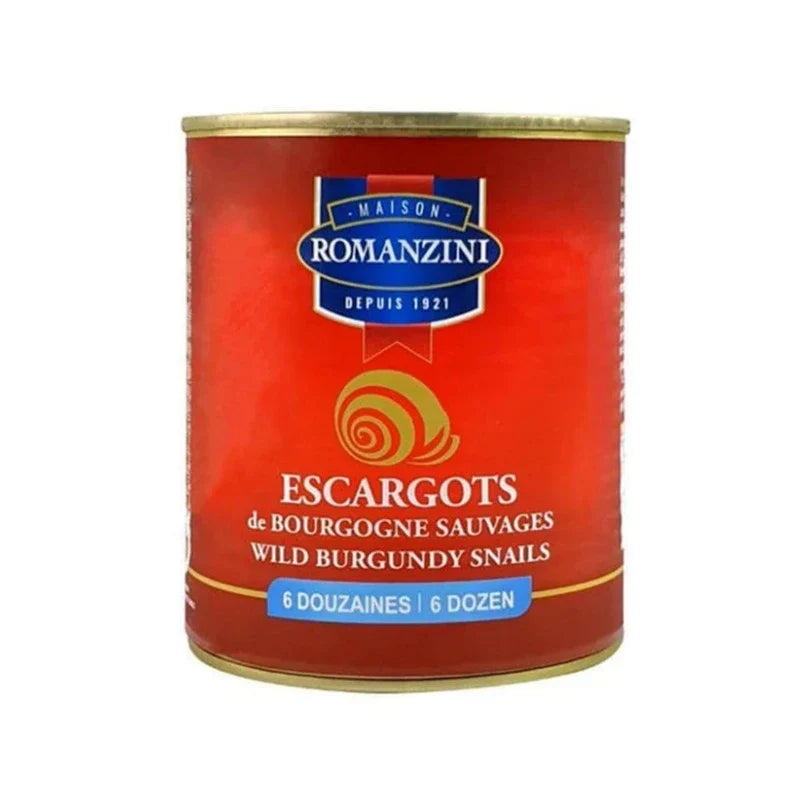 Maison Romanzini Escargot Helix Wild Burgundy Snails in a jar, premium dry grocery product for gourmet cooking and culinary use.