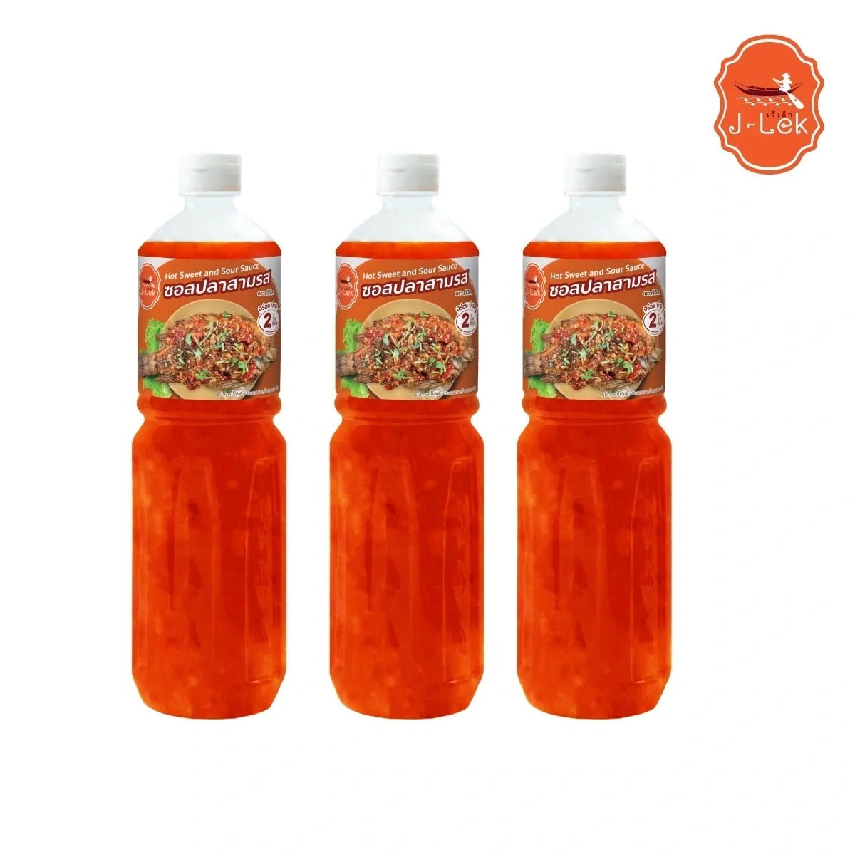 J-LEK three-flavor fish sauce bottles, 550g, in clear glass bottles with labels, for dry grocery use.