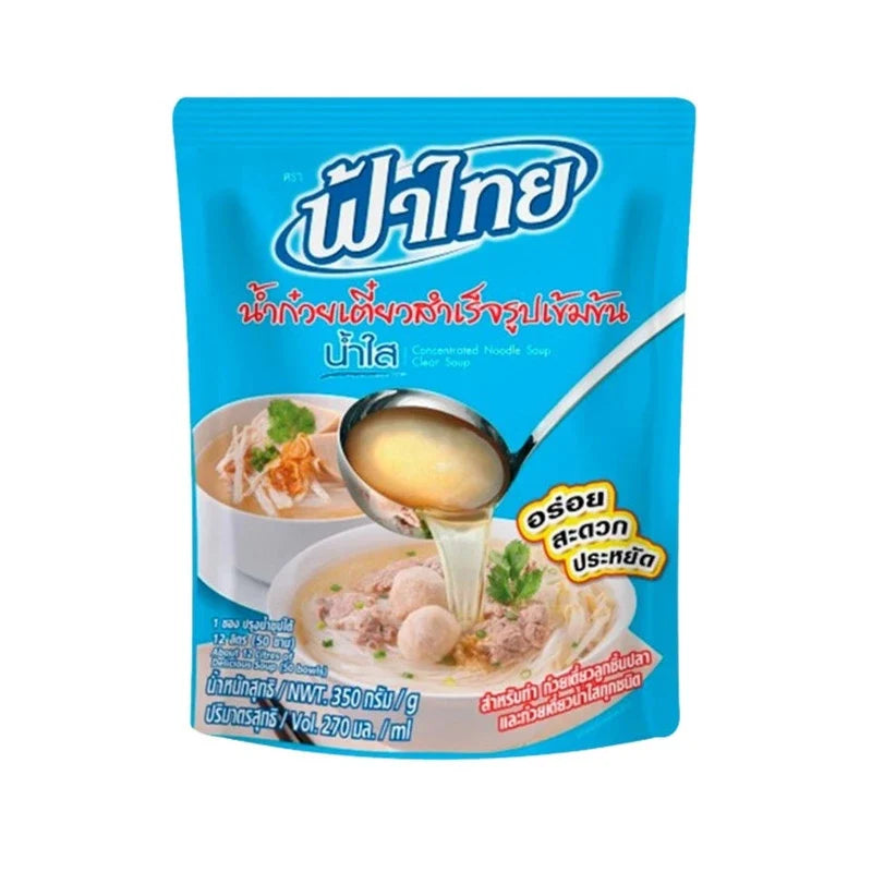 Fathai Concentrated Noodle Soup Clear 350g, dry grocery product with a jar of savory noodle broth for cooking.