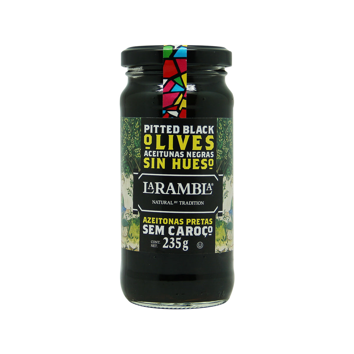 Larambla pitted black olives in a bowl, showing their glossy dark appearance and smooth texture.