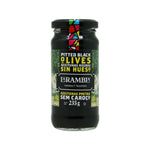 Larambla pitted black olives in a bowl, showing their glossy dark appearance and smooth texture.