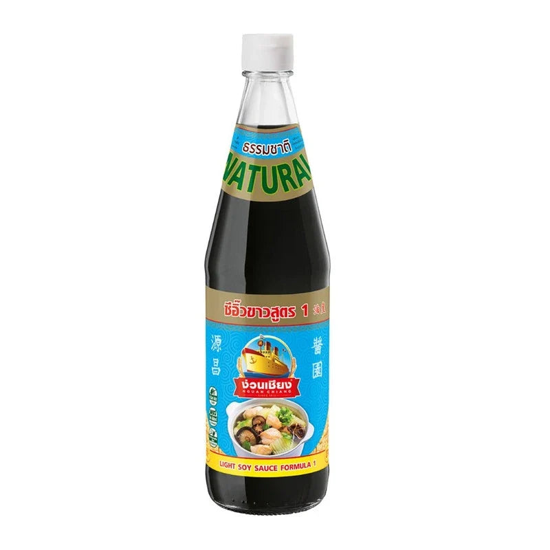 Bottle of Nguan Chiang Light Soy Sauce Formula 1, 700ml, a dry grocery item with a clear label and dark soy sauce inside.
