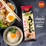 Dry Rabbit Brand Udon Noodles 400g package with neatly arranged thick, white udon noodles in clear packaging.