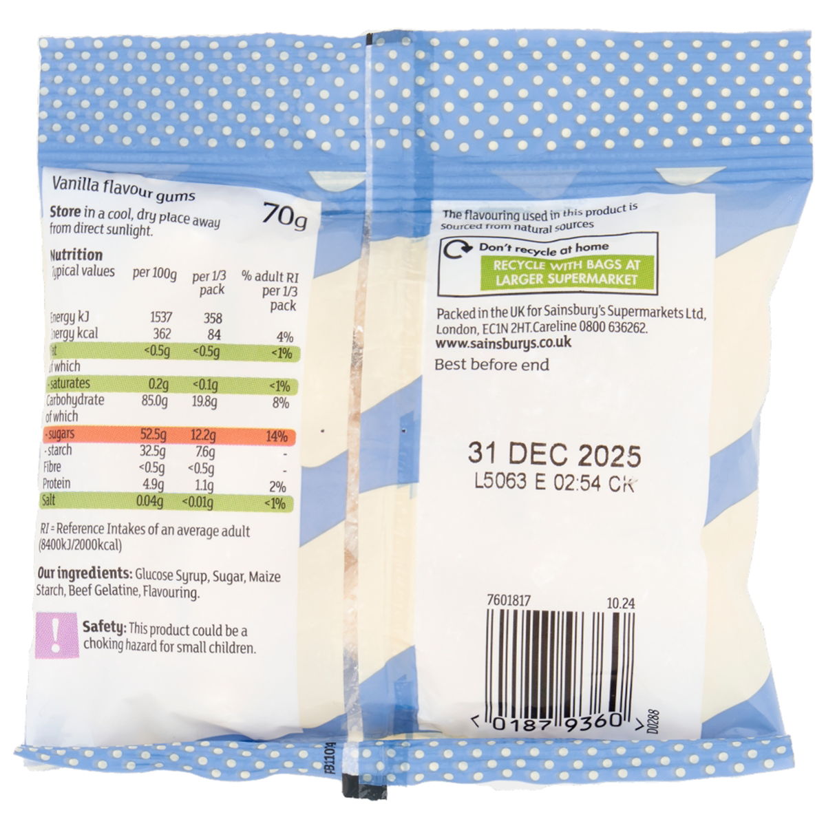 Sainsbury's Milk Bottle Sweets, colorful confectionery snacks in clear packaging, featuring milk bottle-shaped candies.