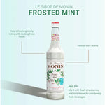 Bottle of MONIN Frosted Mint Syrup in 700ml plastic container, with mint flavor label on the dry grocery product.