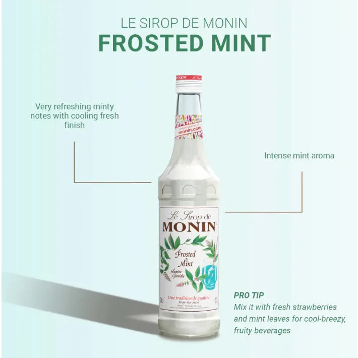 Bottle of MONIN Frosted Mint Syrup in 700ml plastic container, with mint flavor label on the dry grocery product.