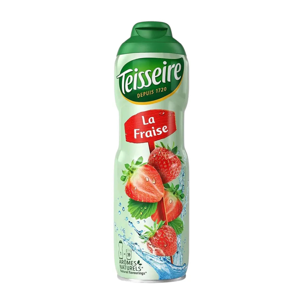 Teisseire Strawberry Flavored Syrup 600ml bottle, suitable for adding strawberry flavor to drinks and desserts.