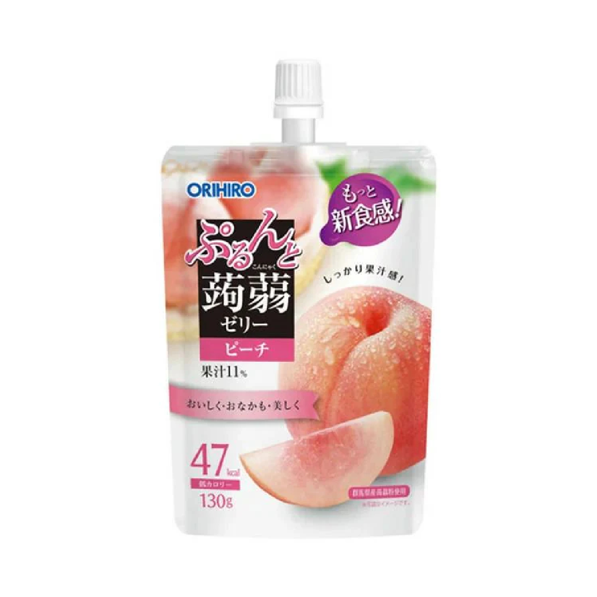 Orihiro Peach Konjac Jelly confectionery snack with peach flavor and smooth, jelly texture, shown in a clear container.