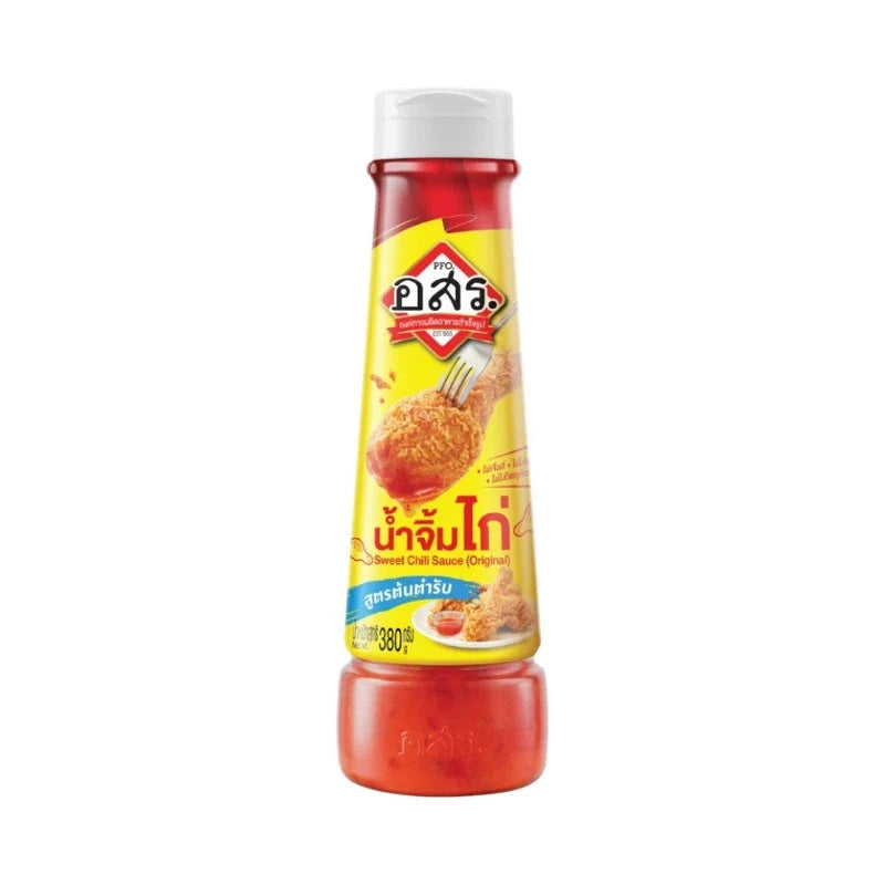 Aor Sor Ror Original Recipe Sweet Chili Sauce bottle, dry grocery product with red and orange label, poured over food.