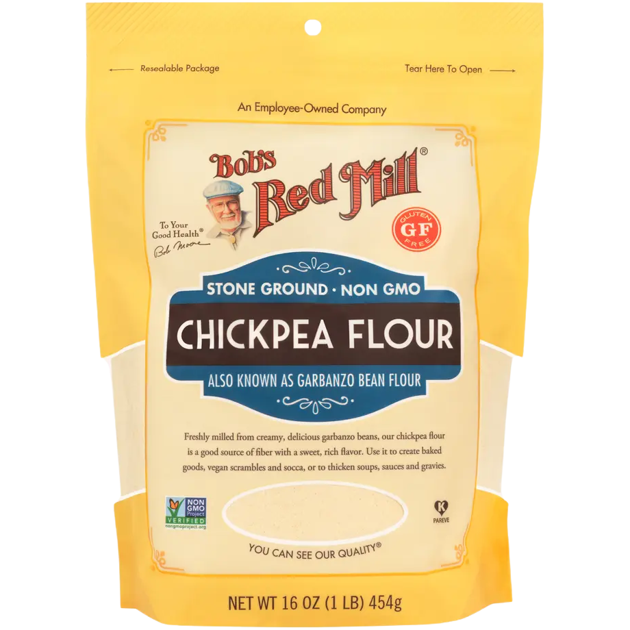 Bag of Bob's Red Mill Chickpea Flour, gluten-free and high-protein legume flour in a clear grocery store display bag.