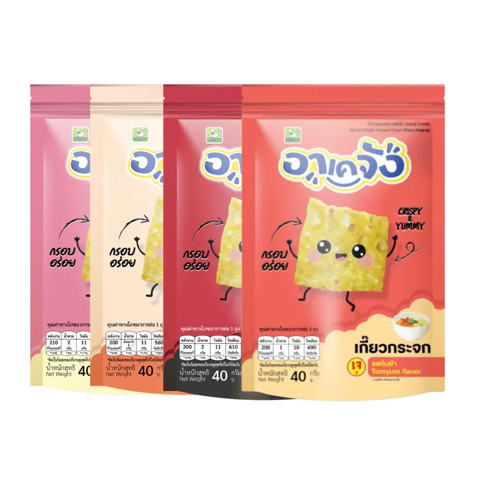 Assorted Akejang Akechan crispy glass dumplings snack packs, featuring colorful, crunchy confectionery treats in clear packaging.
