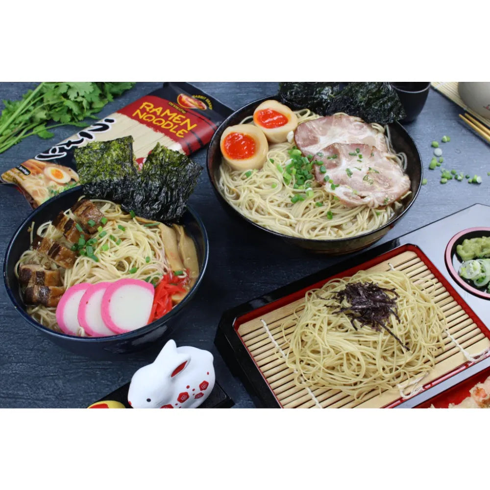 Dry grocery image of Rabbit Brand Ramen Noodles, showcasing colorful packaged ramen noodles in a clear bag.