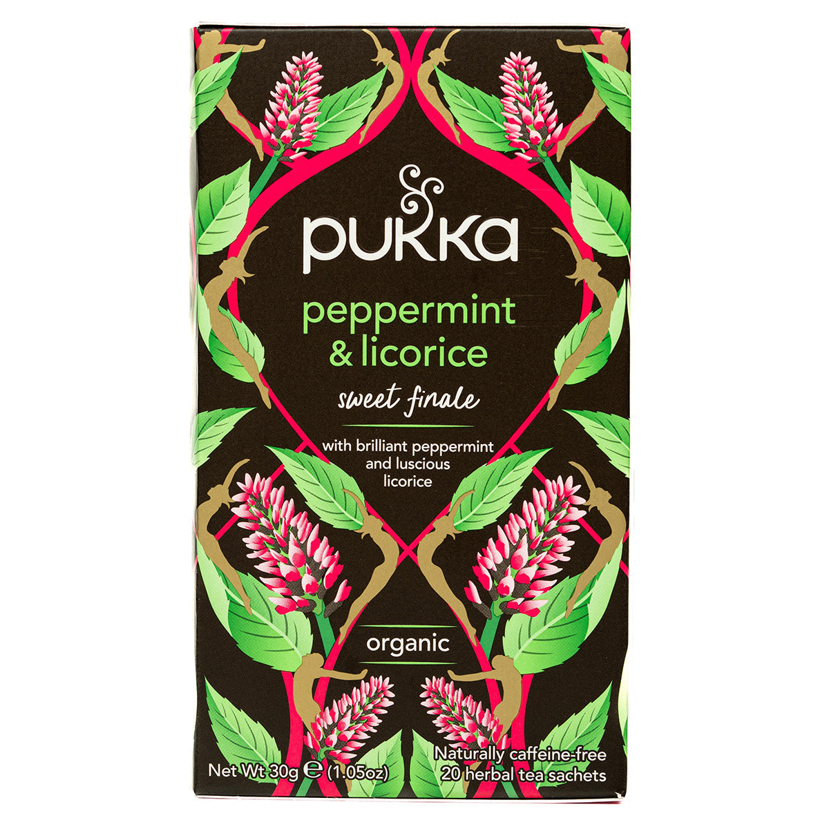 Pukka Peppermint and Licorice tea bags in a box, caffeine-free herbal drink for soothing and healthy refreshment.