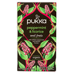 Pukka Peppermint and Licorice tea bags in a box, caffeine-free herbal drink for soothing and healthy refreshment.