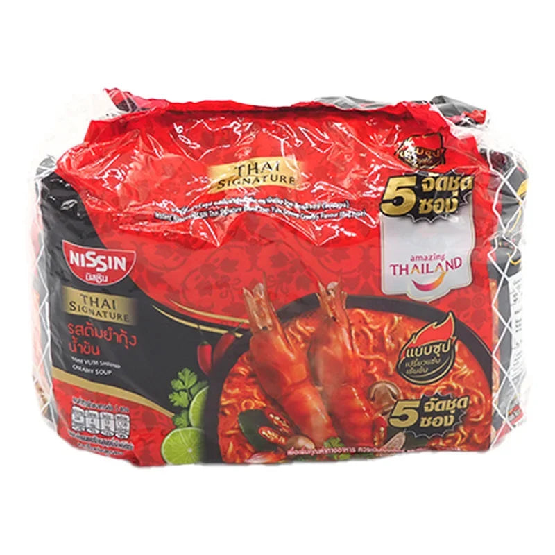 Nissin Thai Signature Tom Yum Kung Creamy Instant Noodles in 72g package, dry grocery product with spicy soup and noodles.