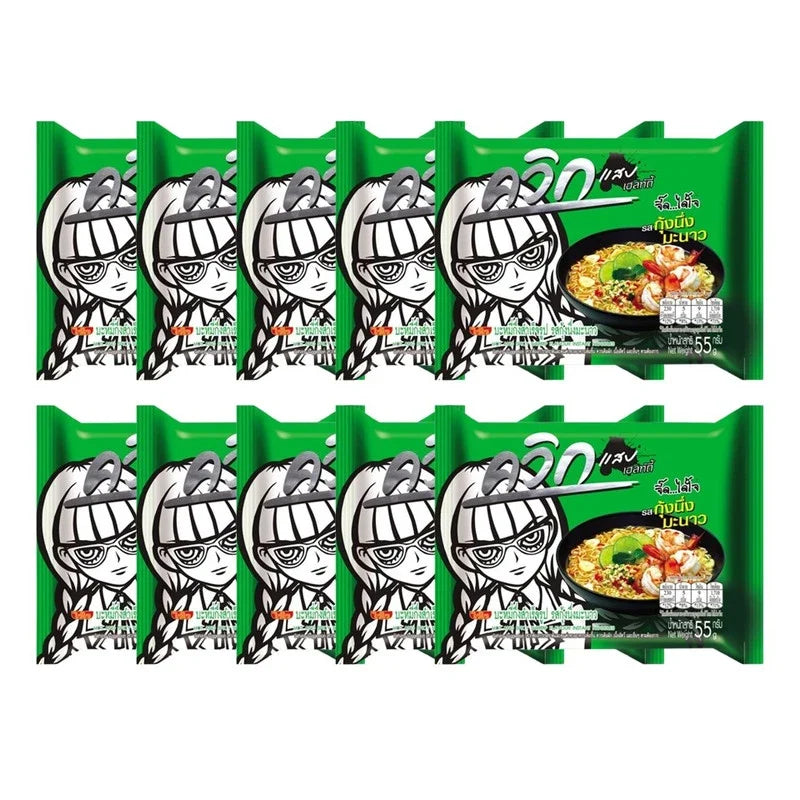 WAIWAI Quick Instant Noodles with steamed shrimp and lime flavor, 55g dry grocery product in a colorful package.